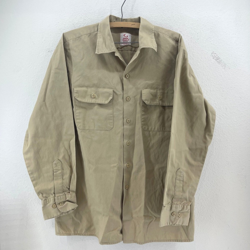 Open‎ Trails Button Down Shirt Mens M Khaki Utility Workwear Gorp Guide Fishing